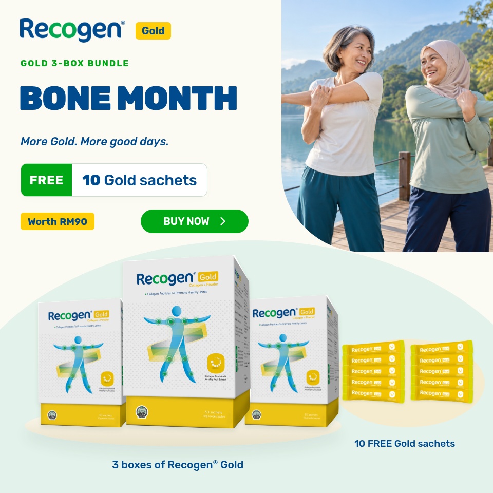 Bone Month Recogen Gold: 3 boxes + 10 FREE Gold sachets, worth RM90
